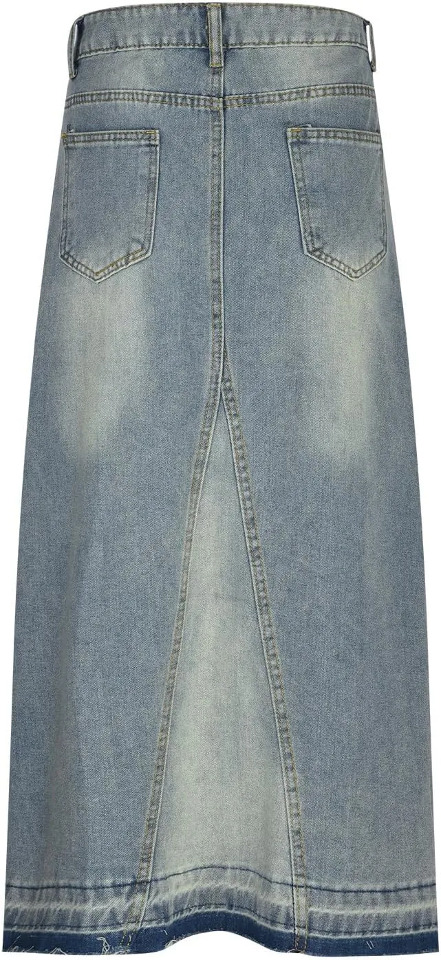 Womens Casual Slit Denim Long Maxi Jean Skirt Stretch High Waist A-Line Distressed Hippie Button Up with Pockets