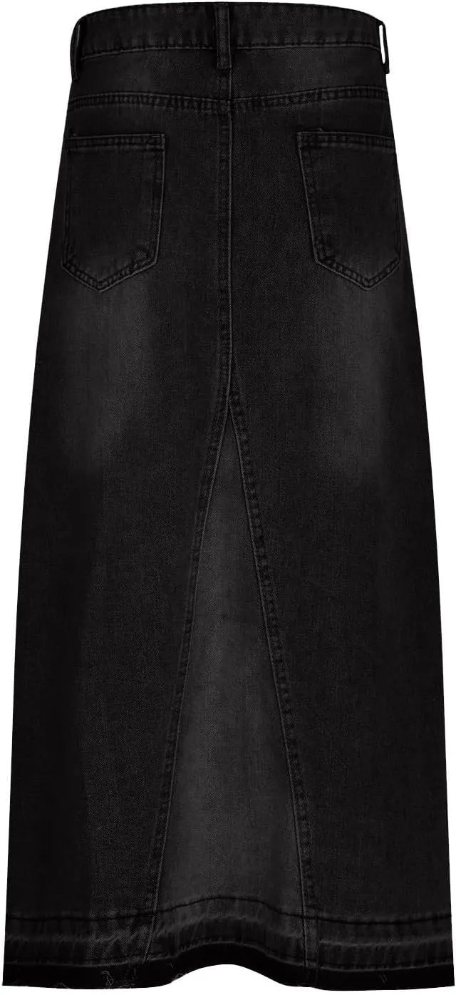 Womens Casual Slit Denim Long Maxi Jean Skirt Stretch High Waist A-Line Distressed Hippie Button Up with Pockets