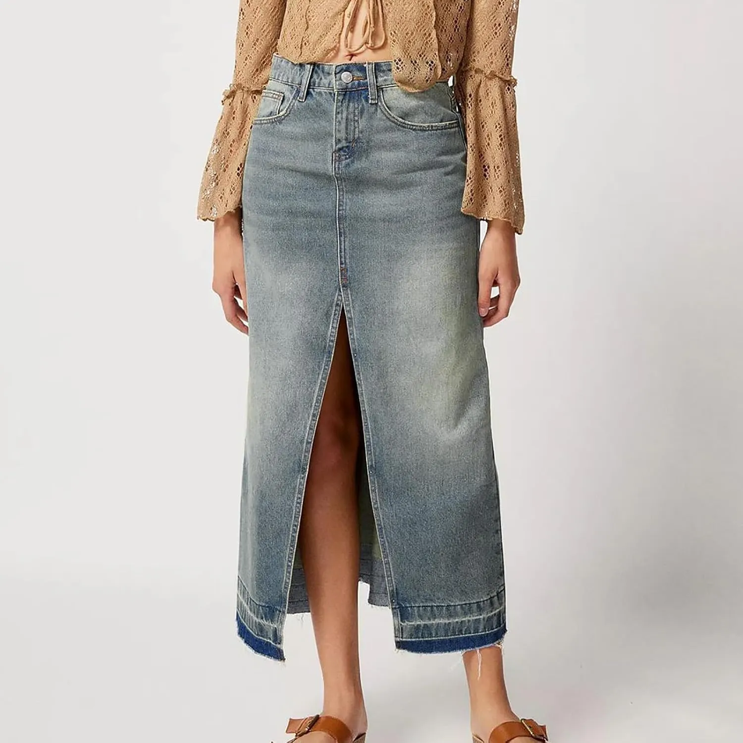Womens Casual Slit Denim Long Maxi Jean Skirt Stretch High Waist A-Line Distressed Hippie Button Up with Pockets