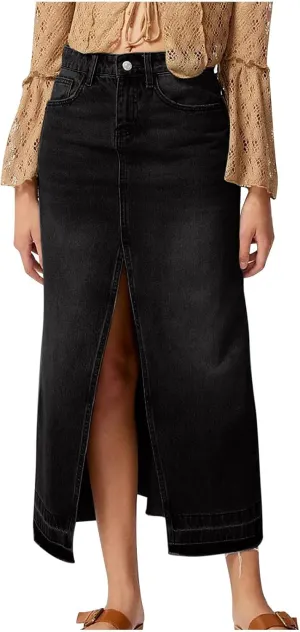 Womens Casual Slit Denim Long Maxi Jean Skirt Stretch High Waist A-Line Distressed Hippie Button Up with Pockets