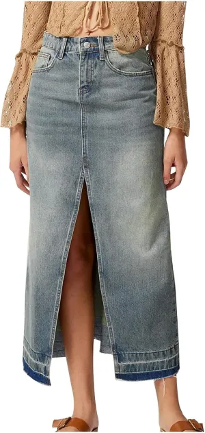 Womens Casual Slit Denim Long Maxi Jean Skirt Stretch High Waist A-Line Distressed Hippie Button Up with Pockets