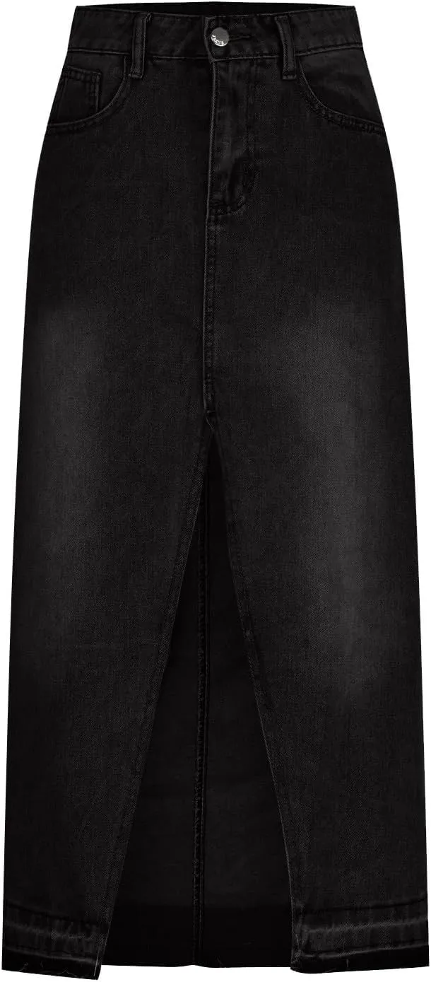 Womens Casual Slit Denim Long Maxi Jean Skirt Stretch High Waist A-Line Distressed Hippie Button Up with Pockets