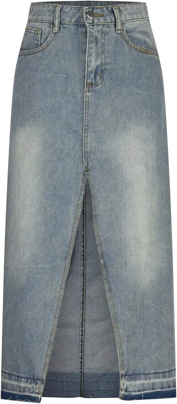 Womens Casual Slit Denim Long Maxi Jean Skirt Stretch High Waist A-Line Distressed Hippie Button Up with Pockets