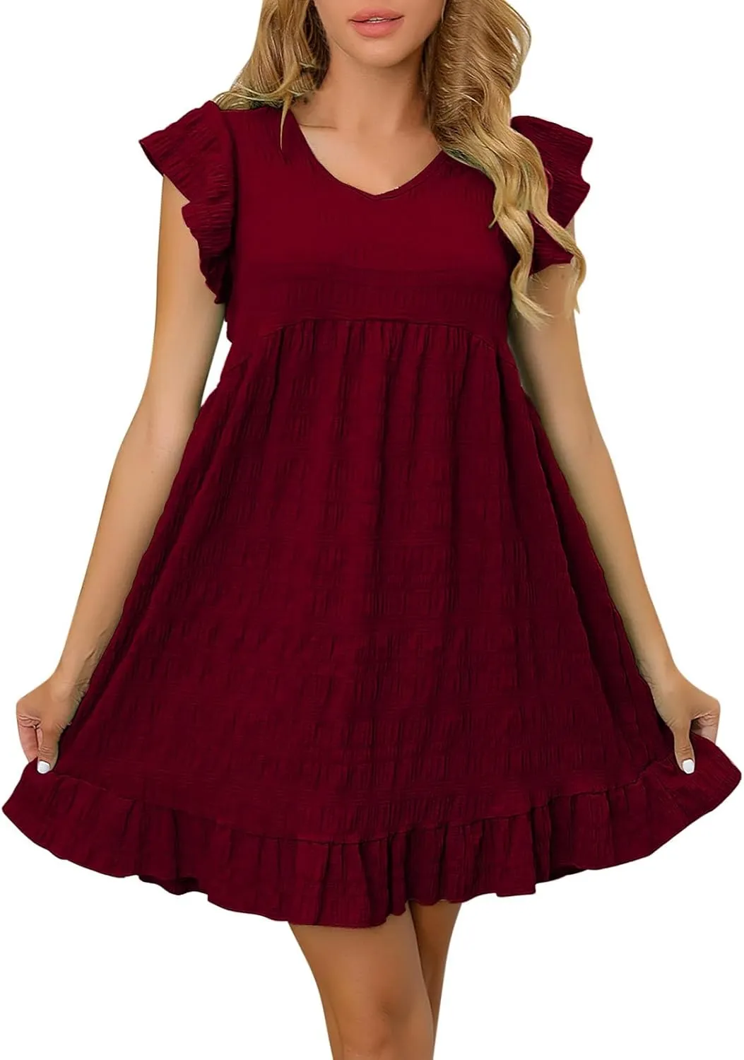 Womens Casual Summer Tunic Tshirt Mini Dresses Crewneck Ruffle Short Sleeve Beach Sundress Loose Casual Shift Dress