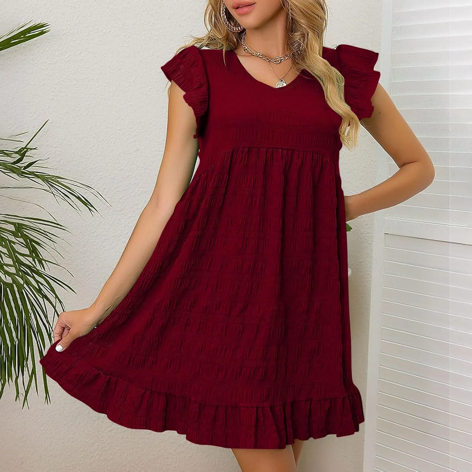 Womens Casual Summer Tunic Tshirt Mini Dresses Crewneck Ruffle Short Sleeve Beach Sundress Loose Casual Shift Dress