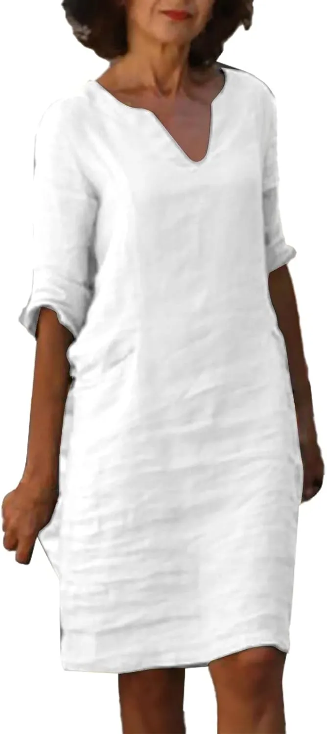 Womens Casual V Neck Cotton Linen Dress Summer Half Sleeve Knee Length Midi Linen Dresses Loose Fit Casual Dress