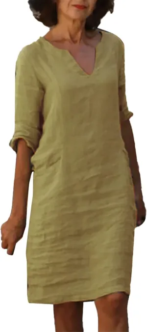 Womens Casual V Neck Cotton Linen Dress Summer Half Sleeve Knee Length Midi Linen Dresses Loose Fit Casual Dress