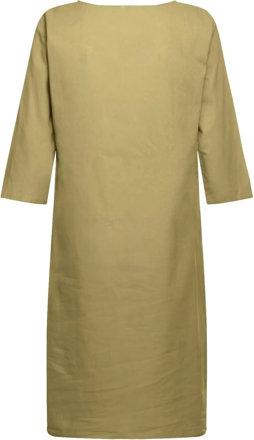 Womens Casual V Neck Cotton Linen Dress Summer Half Sleeve Knee Length Midi Linen Dresses Loose Fit Casual Dress
