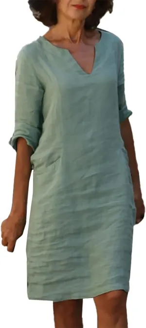 Womens Casual V Neck Cotton Linen Dress Summer Half Sleeve Knee Length Midi Linen Dresses Loose Fit Casual Dress