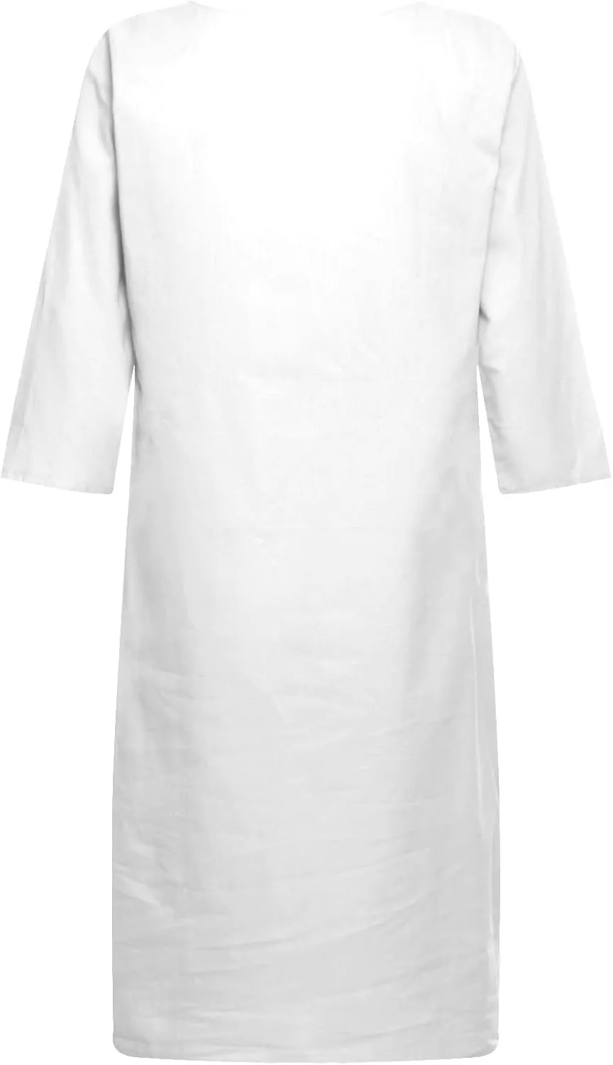 Womens Casual V Neck Cotton Linen Dress Summer Half Sleeve Knee Length Midi Linen Dresses Loose Fit Casual Dress