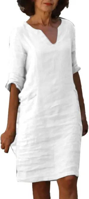 Womens Casual V Neck Cotton Linen Dress Summer Half Sleeve Knee Length Midi Linen Dresses Loose Fit Casual Dress
