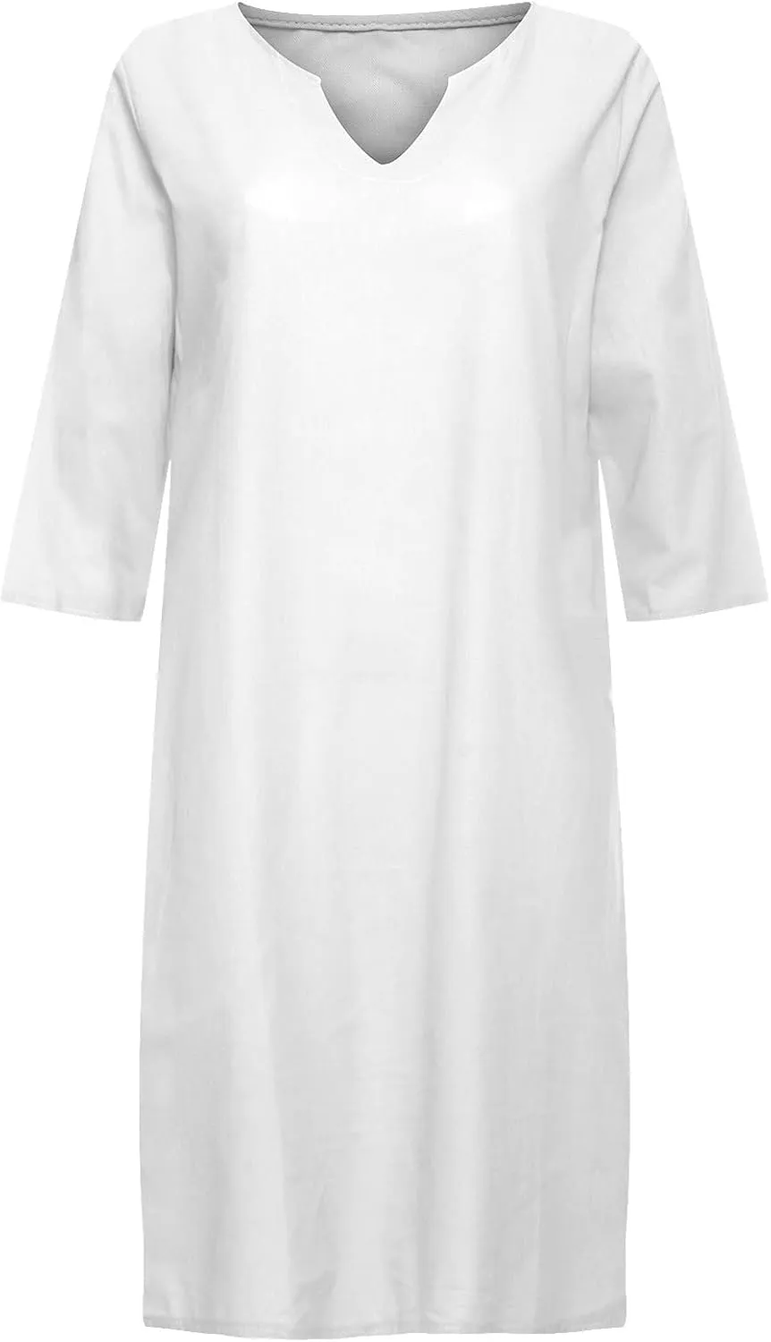 Womens Casual V Neck Cotton Linen Dress Summer Half Sleeve Knee Length Midi Linen Dresses Loose Fit Casual Dress