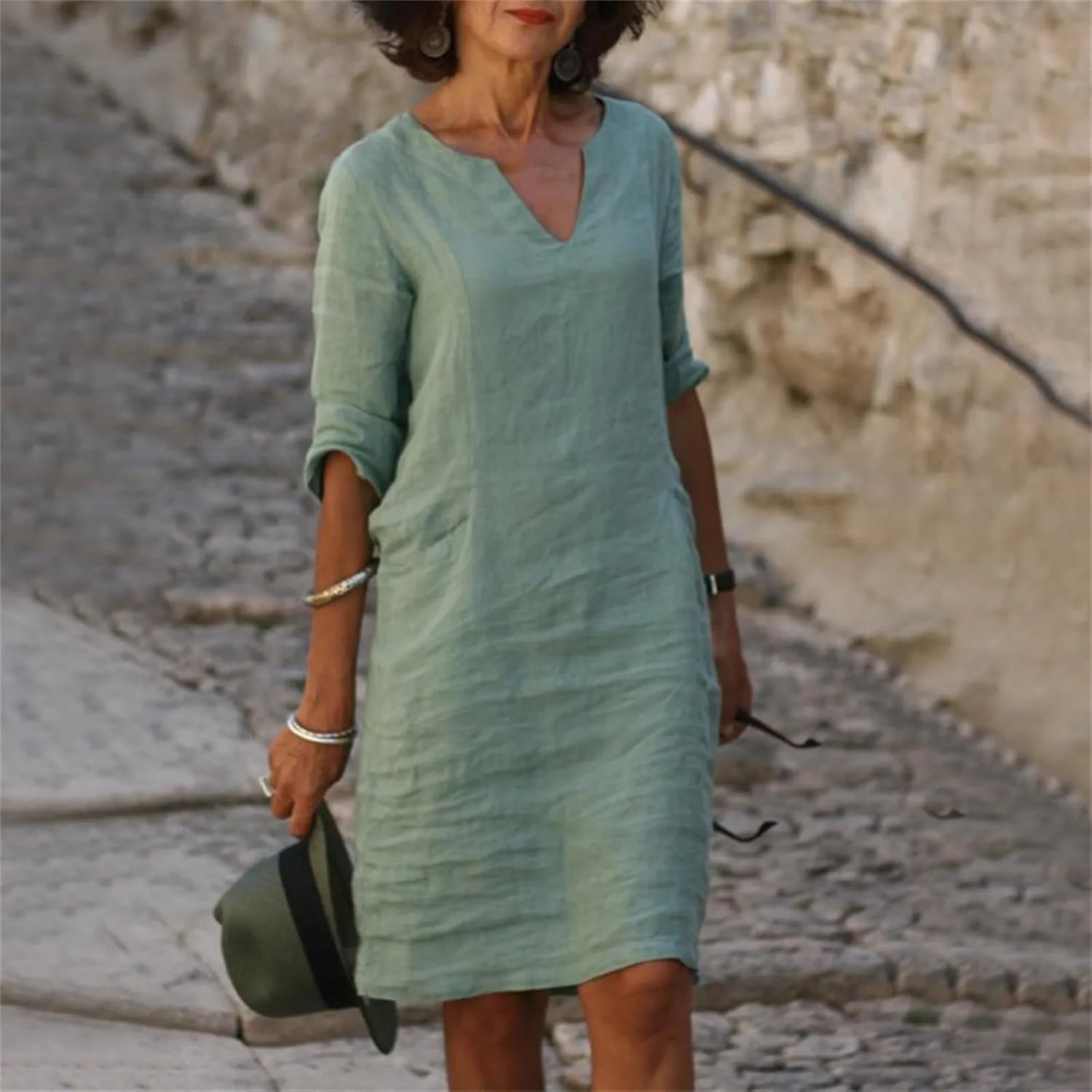 Womens Casual V Neck Cotton Linen Dress Summer Half Sleeve Knee Length Midi Linen Dresses Loose Fit Casual Dress