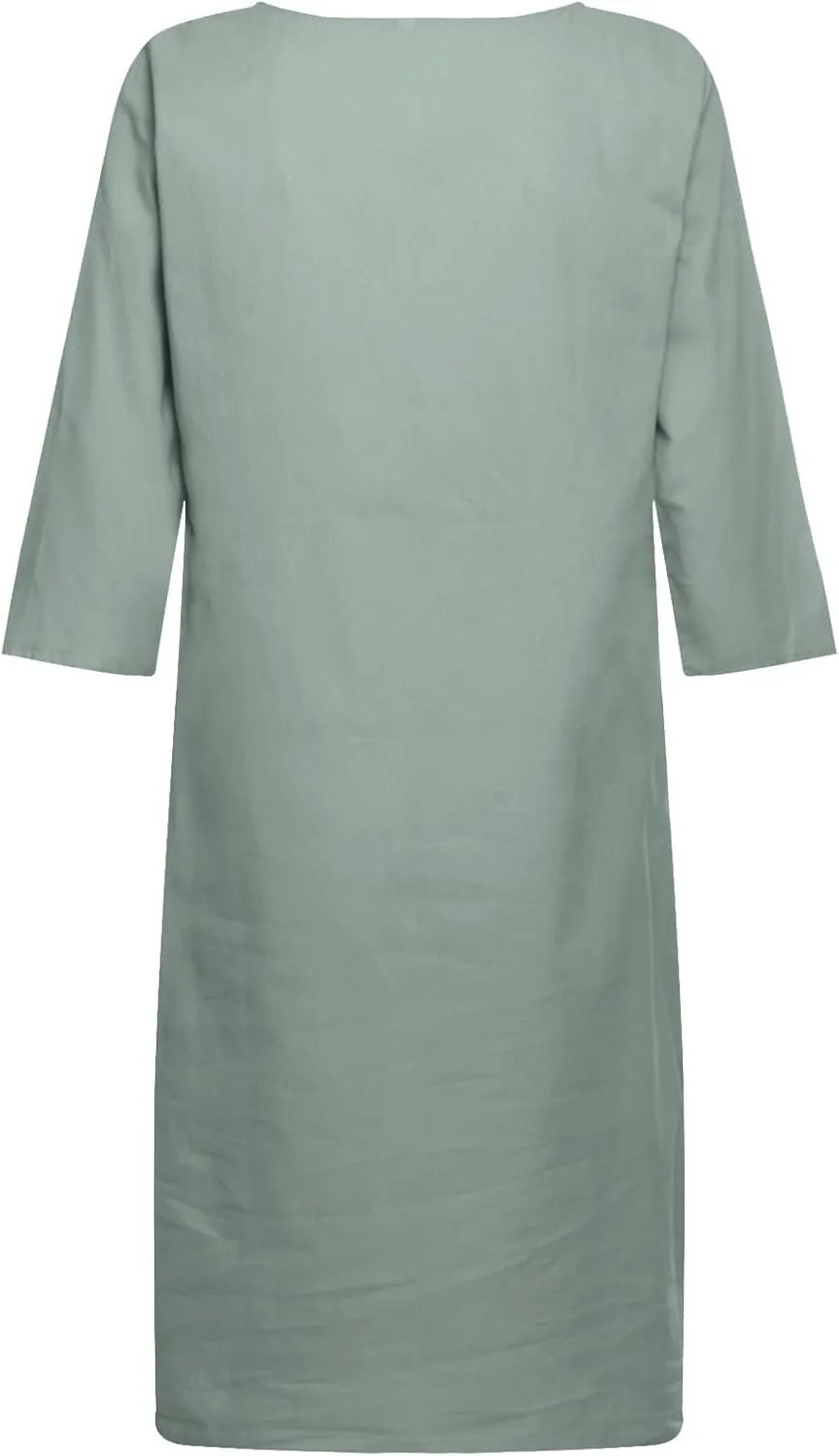 Womens Casual V Neck Cotton Linen Dress Summer Half Sleeve Knee Length Midi Linen Dresses Loose Fit Casual Dress