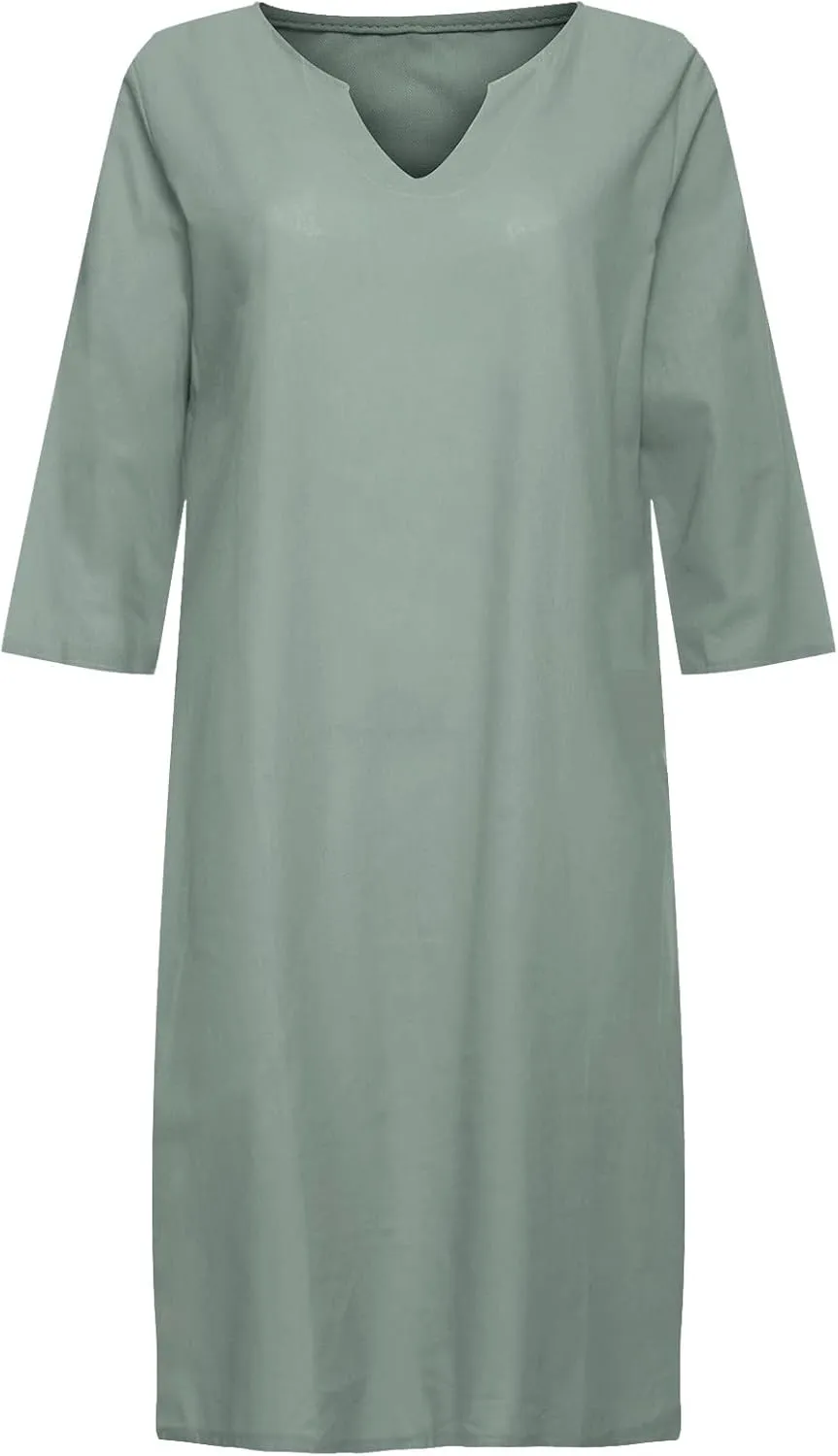 Womens Casual V Neck Cotton Linen Dress Summer Half Sleeve Knee Length Midi Linen Dresses Loose Fit Casual Dress