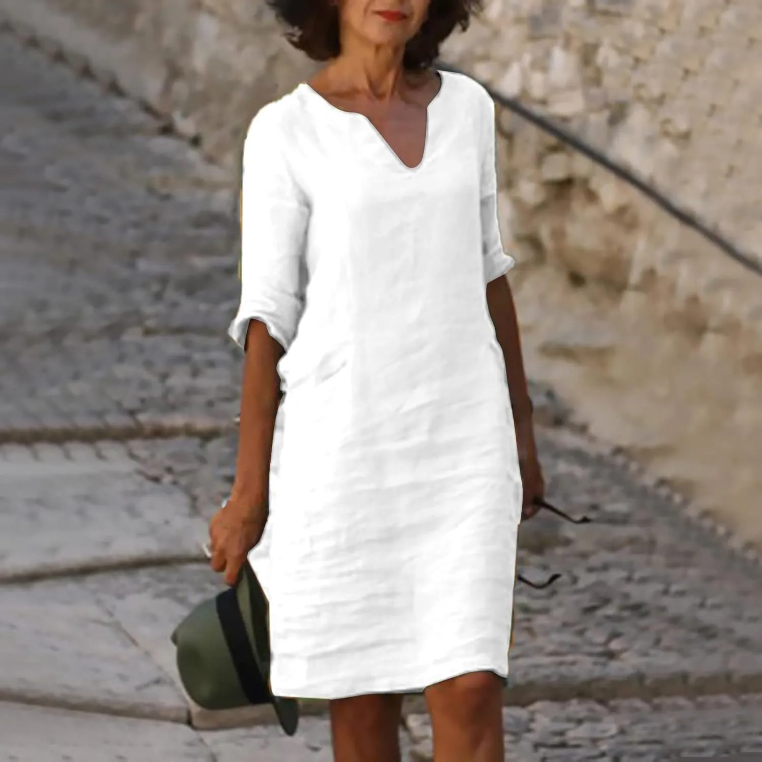 Womens Casual V Neck Cotton Linen Dress Summer Half Sleeve Knee Length Midi Linen Dresses Loose Fit Casual Dress
