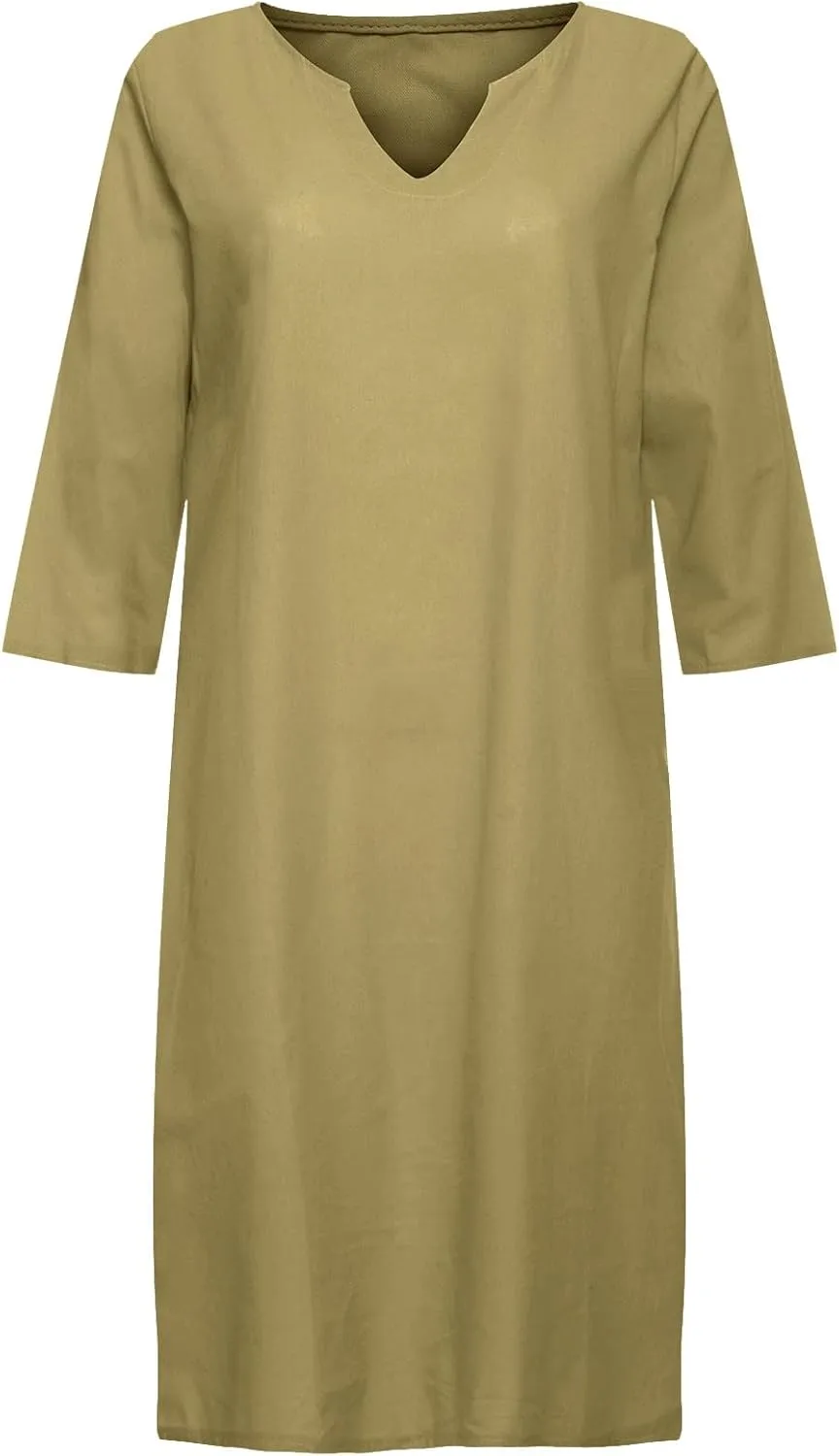 Womens Casual V Neck Cotton Linen Dress Summer Half Sleeve Knee Length Midi Linen Dresses Loose Fit Casual Dress
