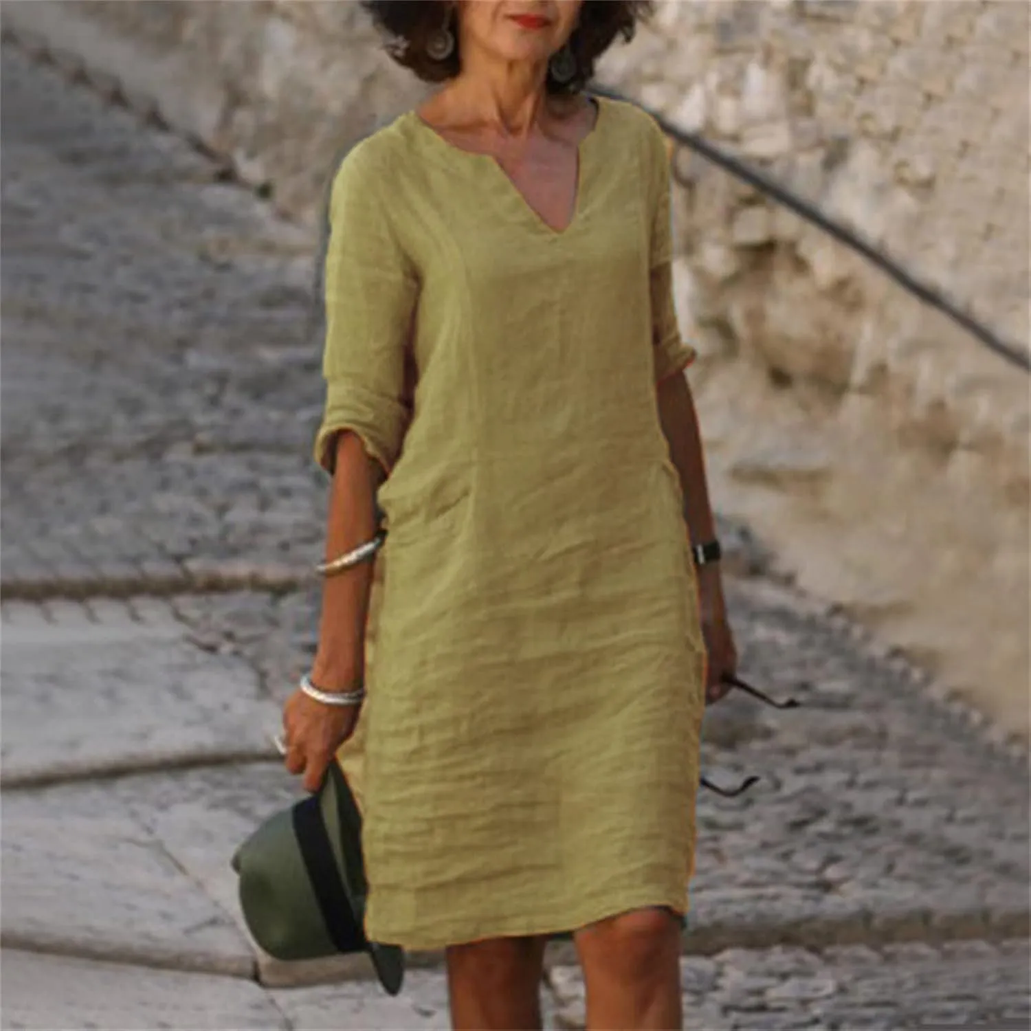 Womens Casual V Neck Cotton Linen Dress Summer Half Sleeve Knee Length Midi Linen Dresses Loose Fit Casual Dress