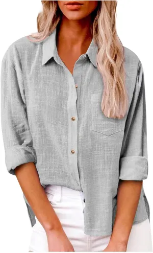 Womens Cotton Linen Button Down Shirt 2025 Fall Casual Long Sleeve Solid Color Shirts Loose Tops with Pockets