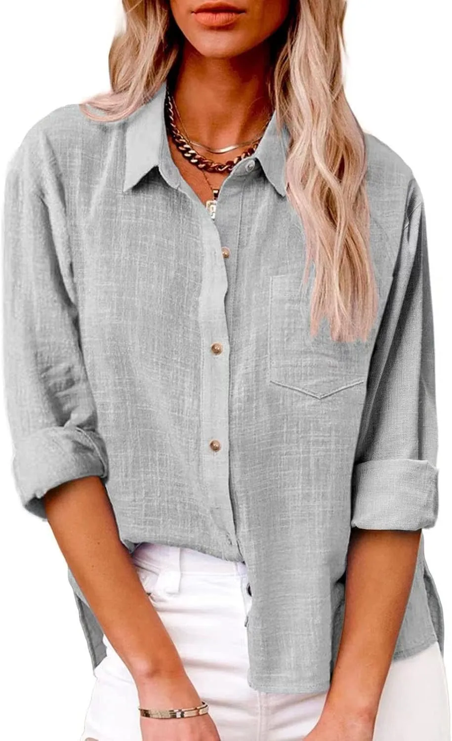 Womens Cotton Linen Button Down Shirt 2025 Fall Casual Long Sleeve Solid Color Shirts Loose Tops with Pockets