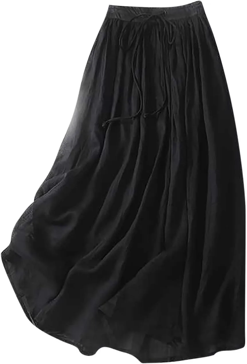 Women's Cotton Linen Skirt Drawstring Waist A Line Beach Flowy Long Skirts Summer Casual Beach Boho Pleated Dress