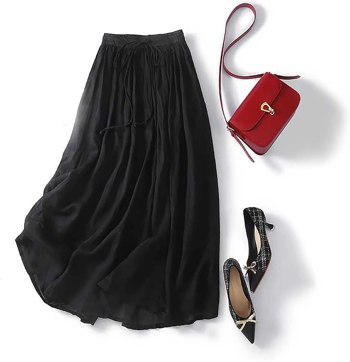 Women's Cotton Linen Skirt Drawstring Waist A Line Beach Flowy Long Skirts Summer Casual Beach Boho Pleated Dress