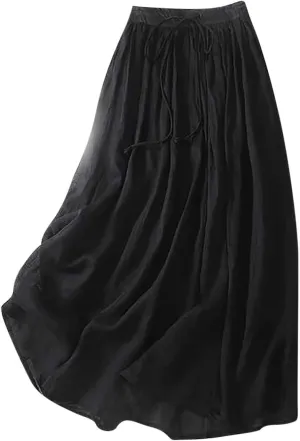 Women's Cotton Linen Skirt Drawstring Waist A Line Beach Flowy Long Skirts Summer Casual Beach Boho Pleated Dress