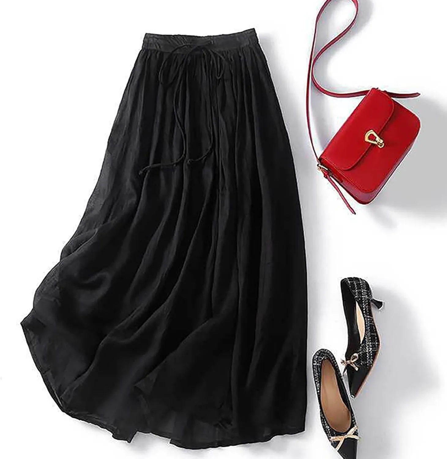 Women's Cotton Linen Skirt Drawstring Waist A Line Beach Flowy Long Skirts Summer Casual Beach Boho Pleated Dress