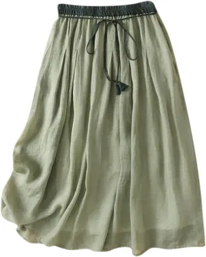 Women's Cotton Linen Skirts High Waist Skirt Vintage Solid Color Wrap Skirt Layered Drawstring Knee Length Skirt