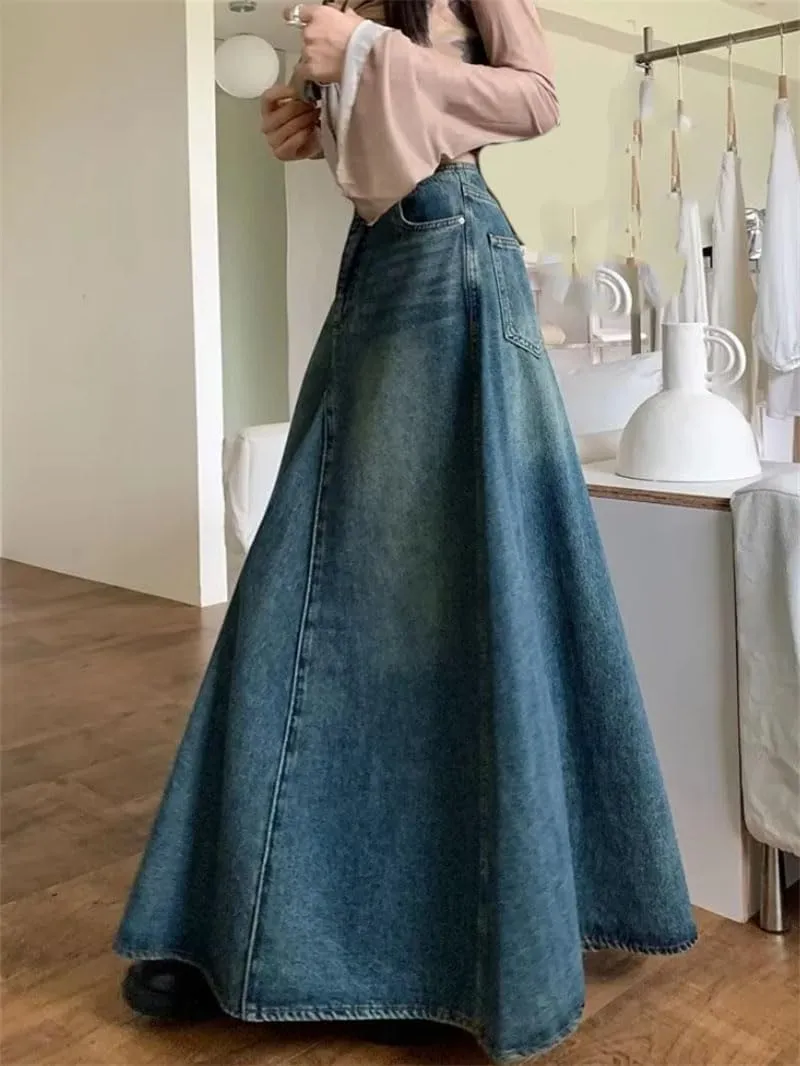 Women's Denim Long Skirts Vintage High Waist Y2k Washed Skirts