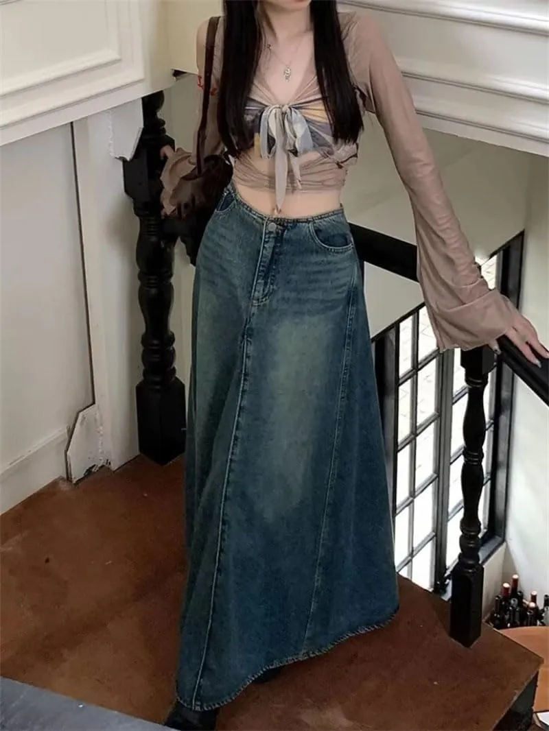 Women's Denim Long Skirts Vintage High Waist Y2k Washed Skirts