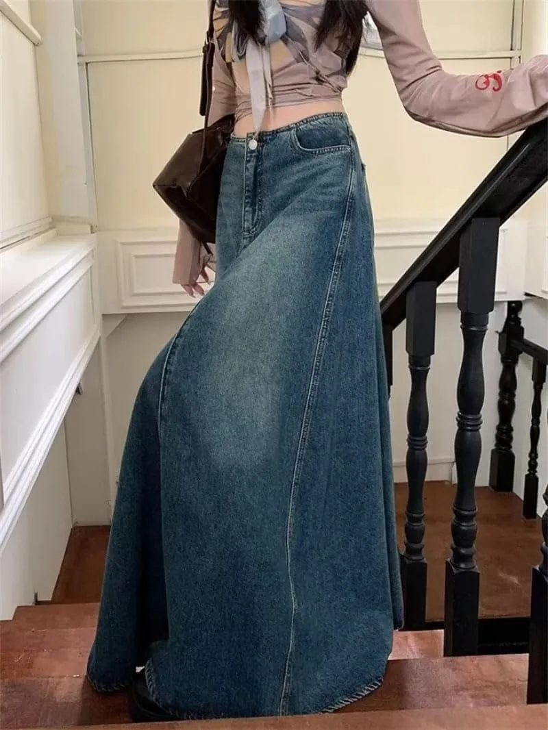 Women's Denim Long Skirts Vintage High Waist Y2k Washed Skirts