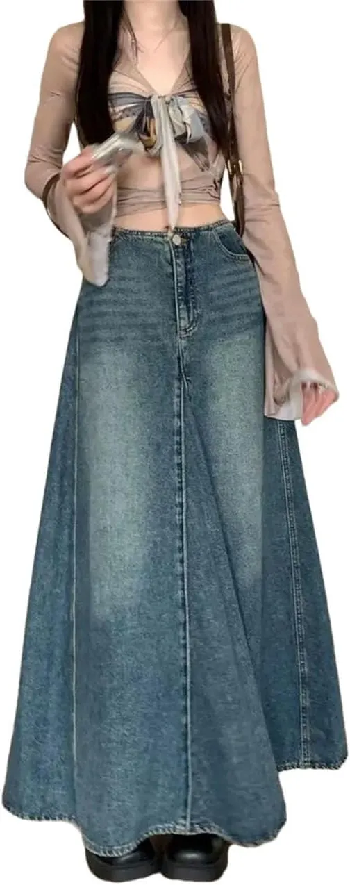 Women's Denim Long Skirts Vintage High Waist Y2k Washed Skirts