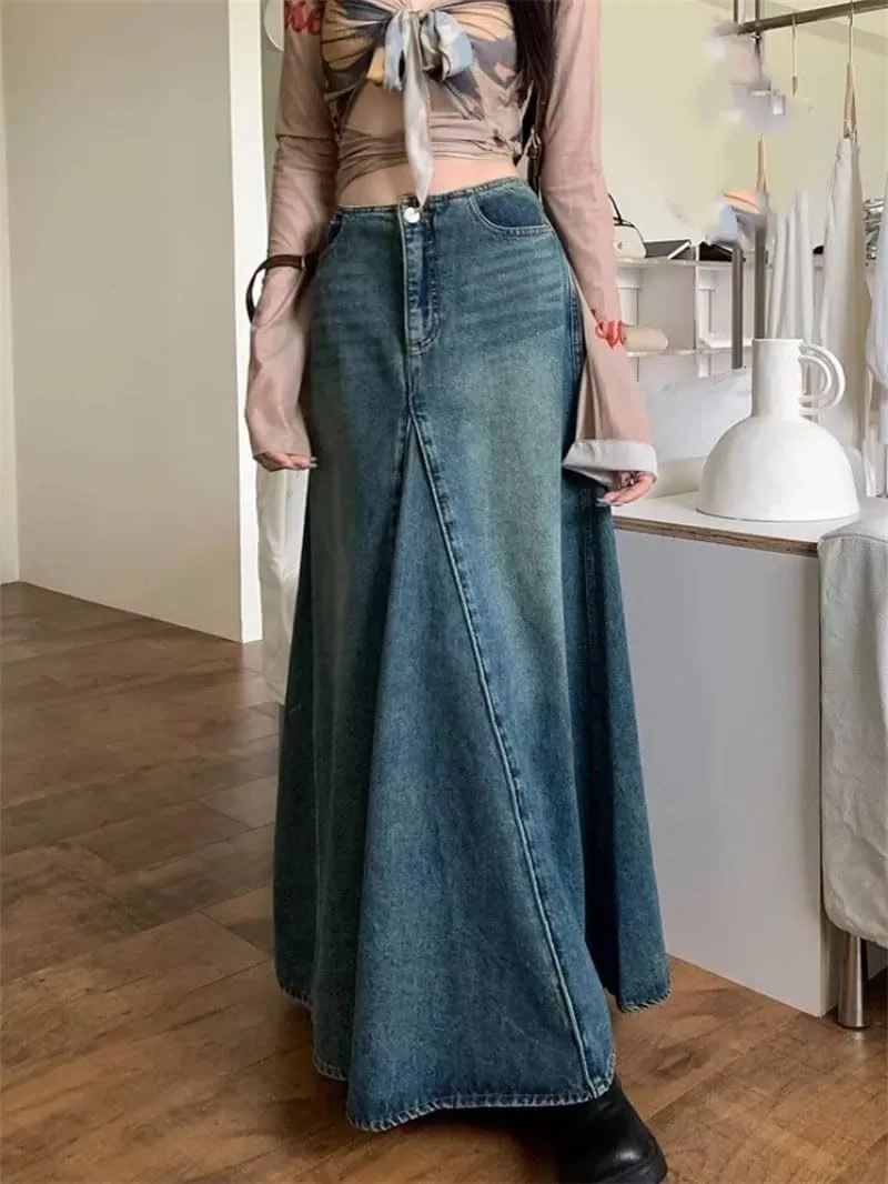 Women's Denim Long Skirts Vintage High Waist Y2k Washed Skirts