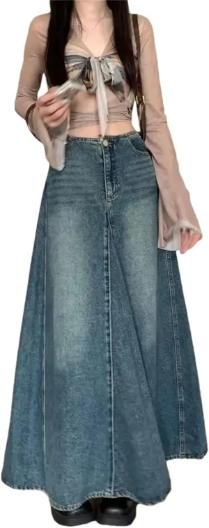 Women's Denim Long Skirts Vintage High Waist Y2k Washed Skirts