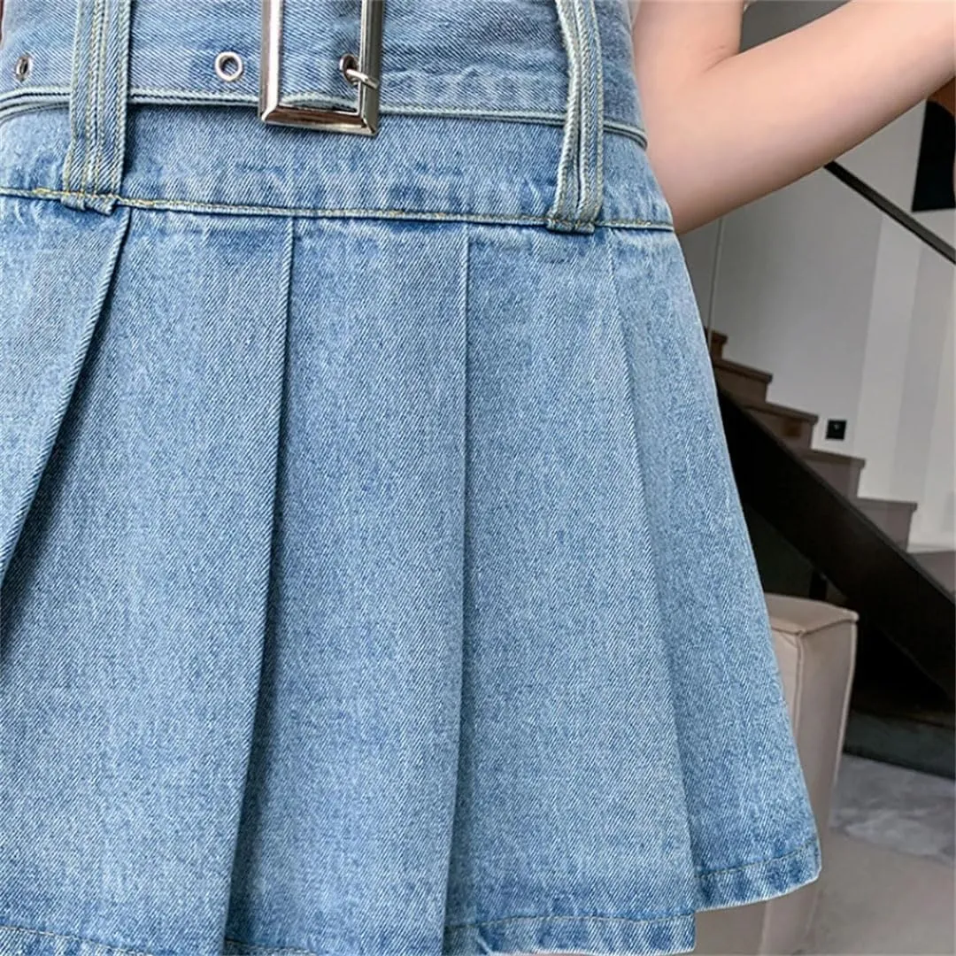 Women's Denim Pleated Skirts High Waist A-Line Mini Skirts for