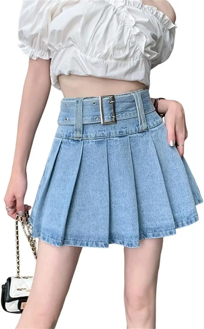 Women's Denim Pleated Skirts High Waist A-Line Mini Skirts for