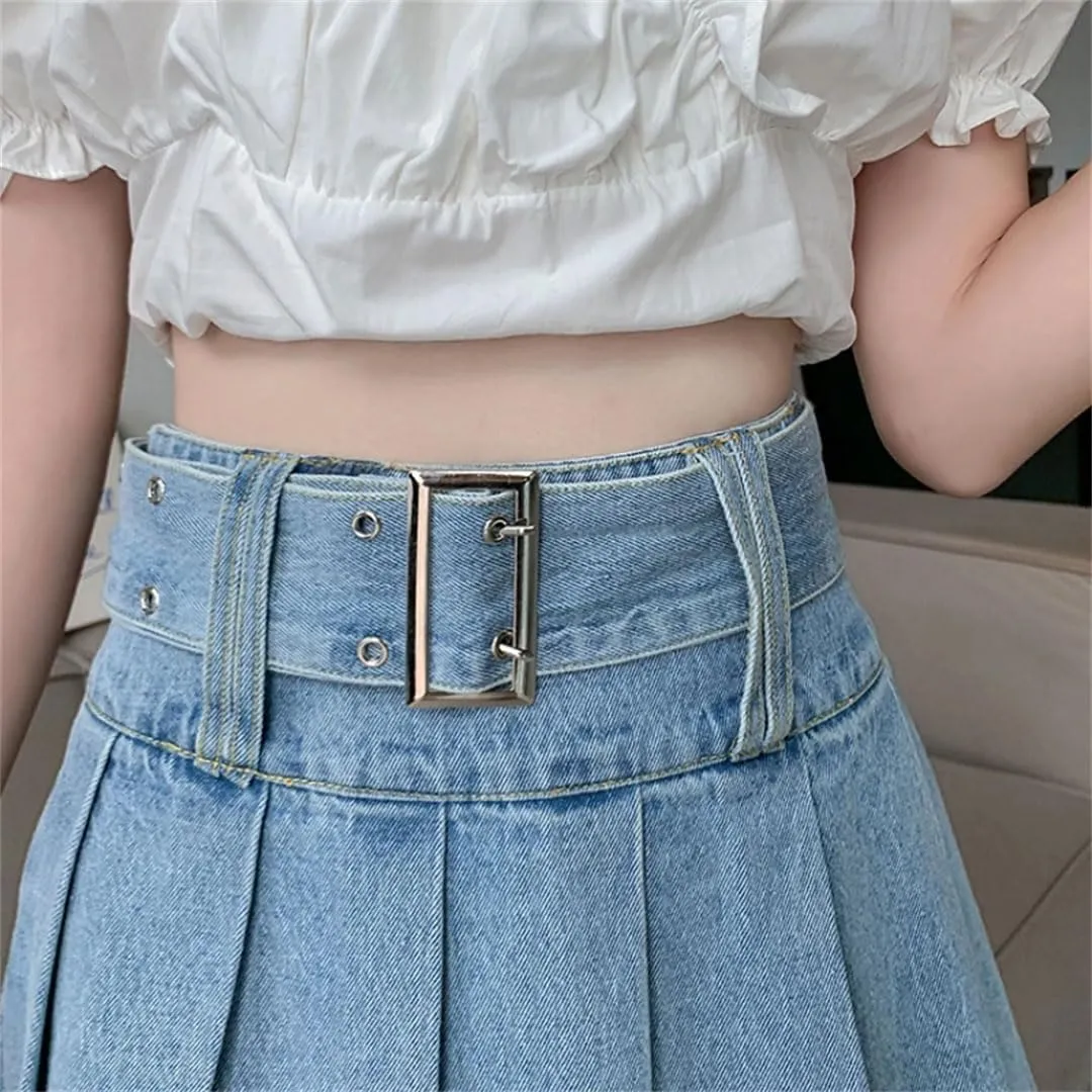 Women's Denim Pleated Skirts High Waist A-Line Mini Skirts for