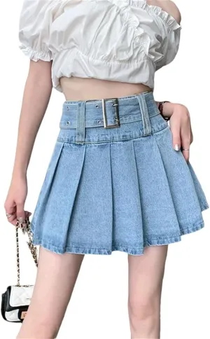 Women's Denim Pleated Skirts High Waist A-Line Mini Skirts for