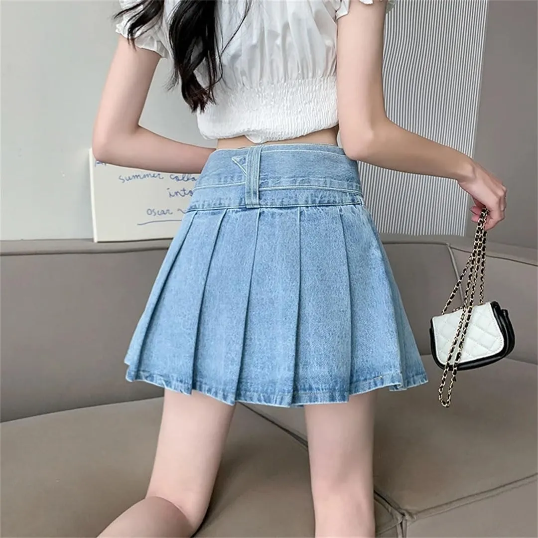 Women's Denim Pleated Skirts High Waist A-Line Mini Skirts for