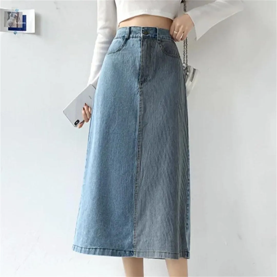 Women's Denim Skirts High Waist Patchwork Mid Length Skirts for