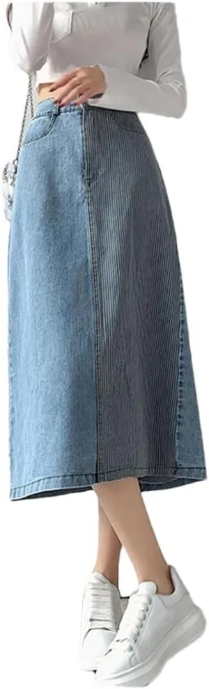 Women's Denim Skirts High Waist Patchwork Mid Length Skirts for