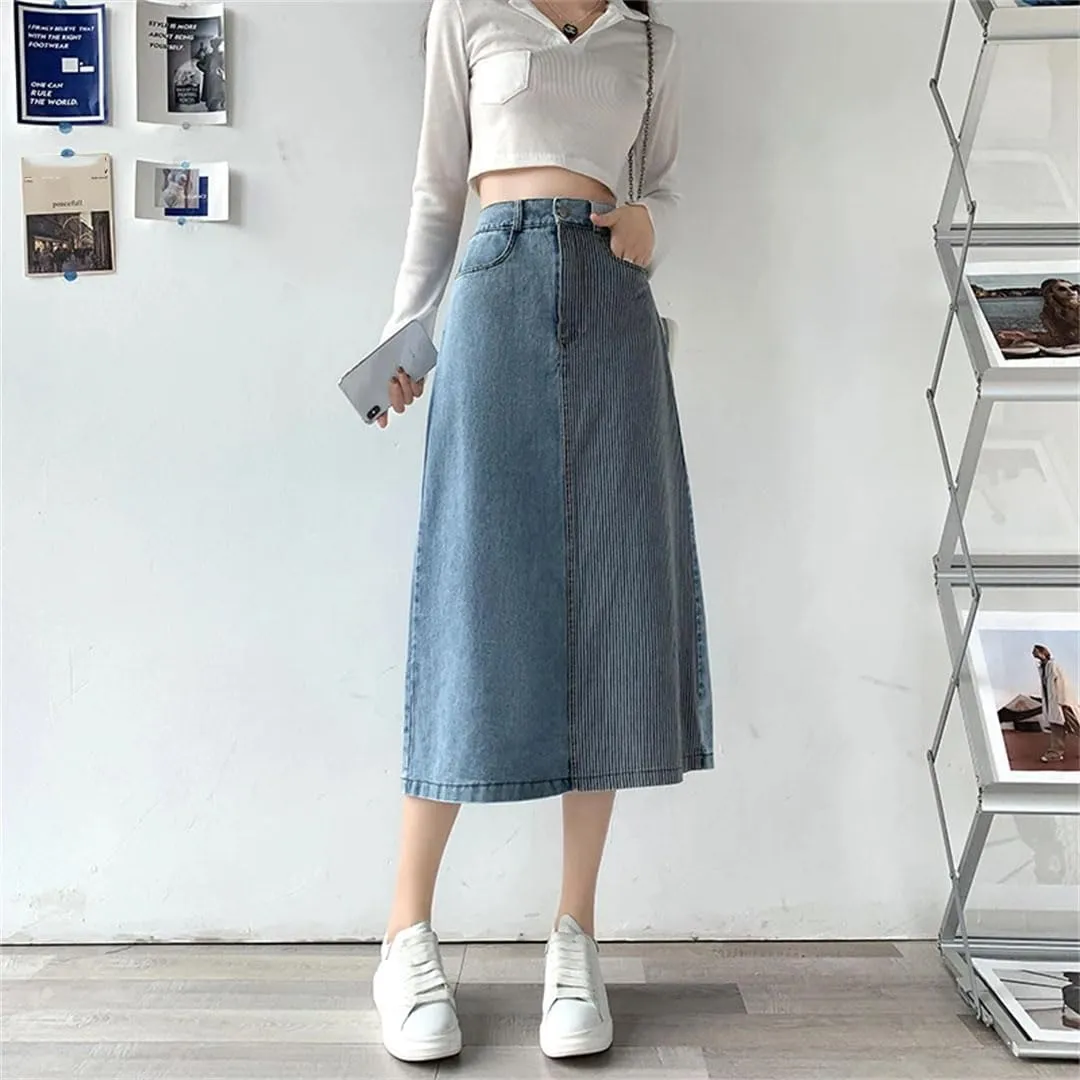 Women's Denim Skirts High Waist Patchwork Mid Length Skirts for