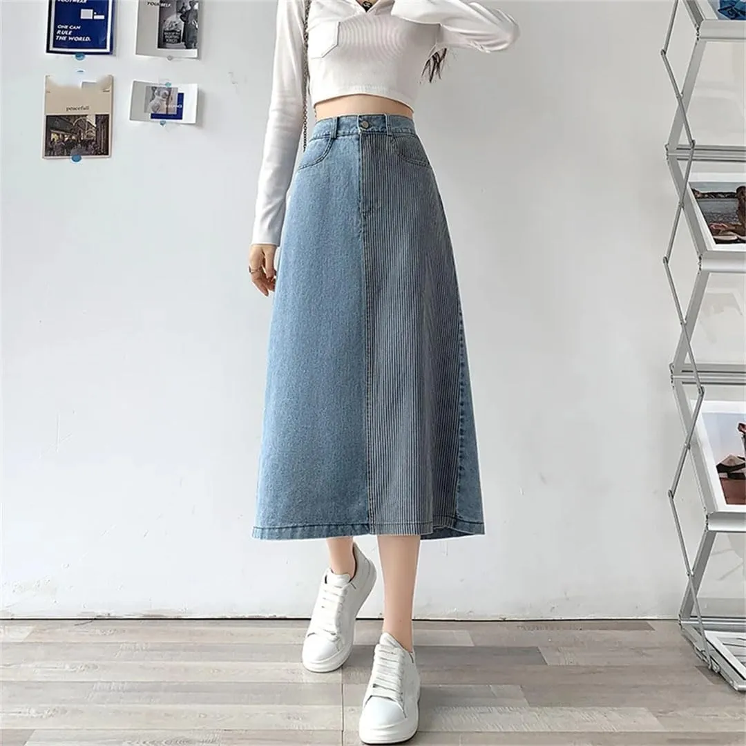 Women's Denim Skirts High Waist Patchwork Mid Length Skirts for
