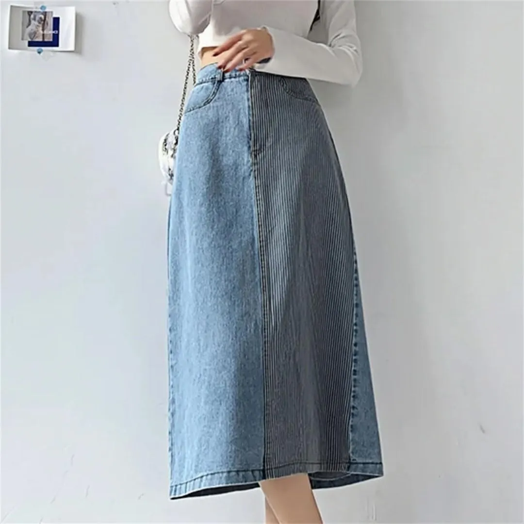 Women's Denim Skirts High Waist Patchwork Mid Length Skirts for