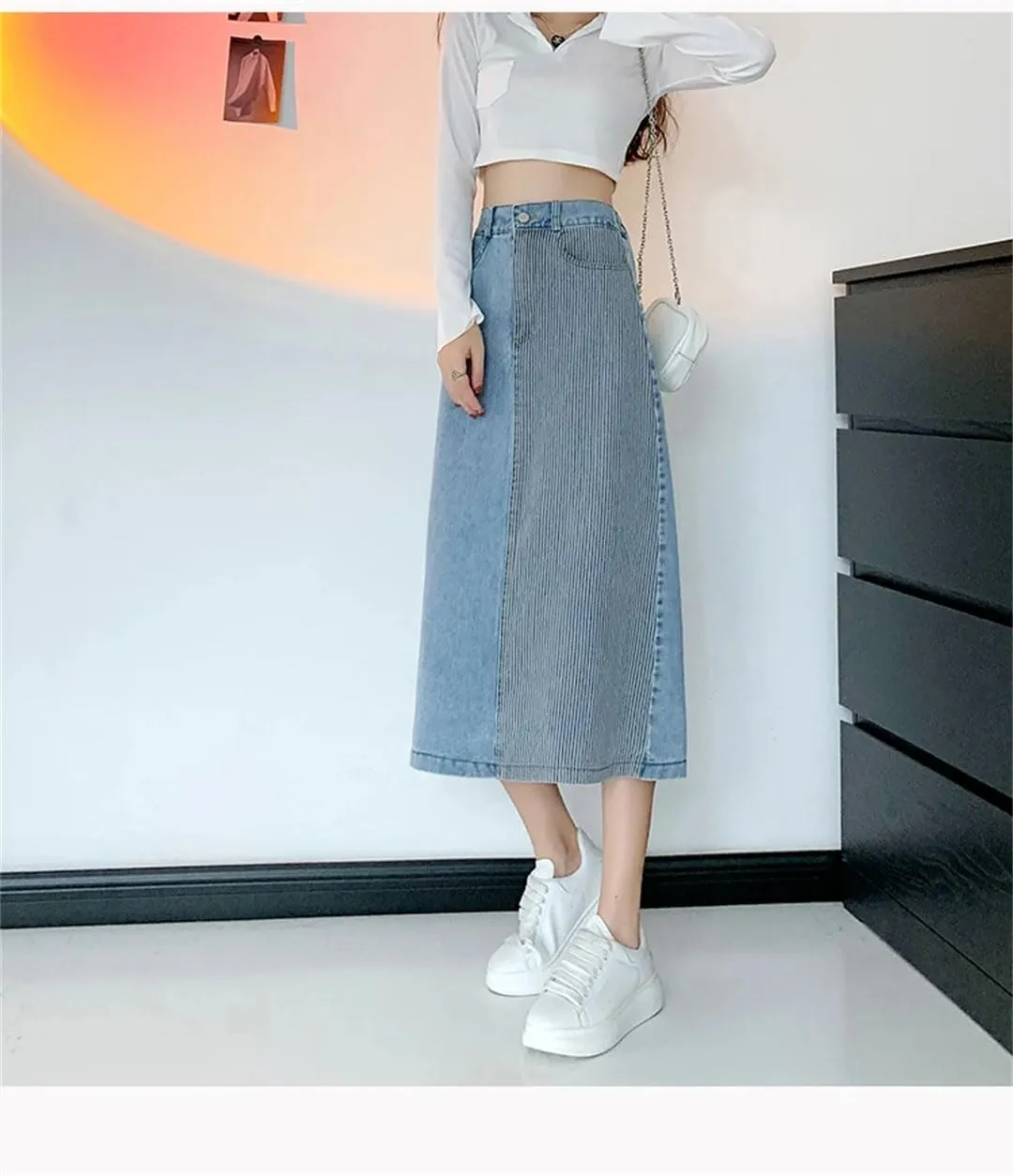 Women's Denim Skirts High Waist Patchwork Mid Length Skirts for