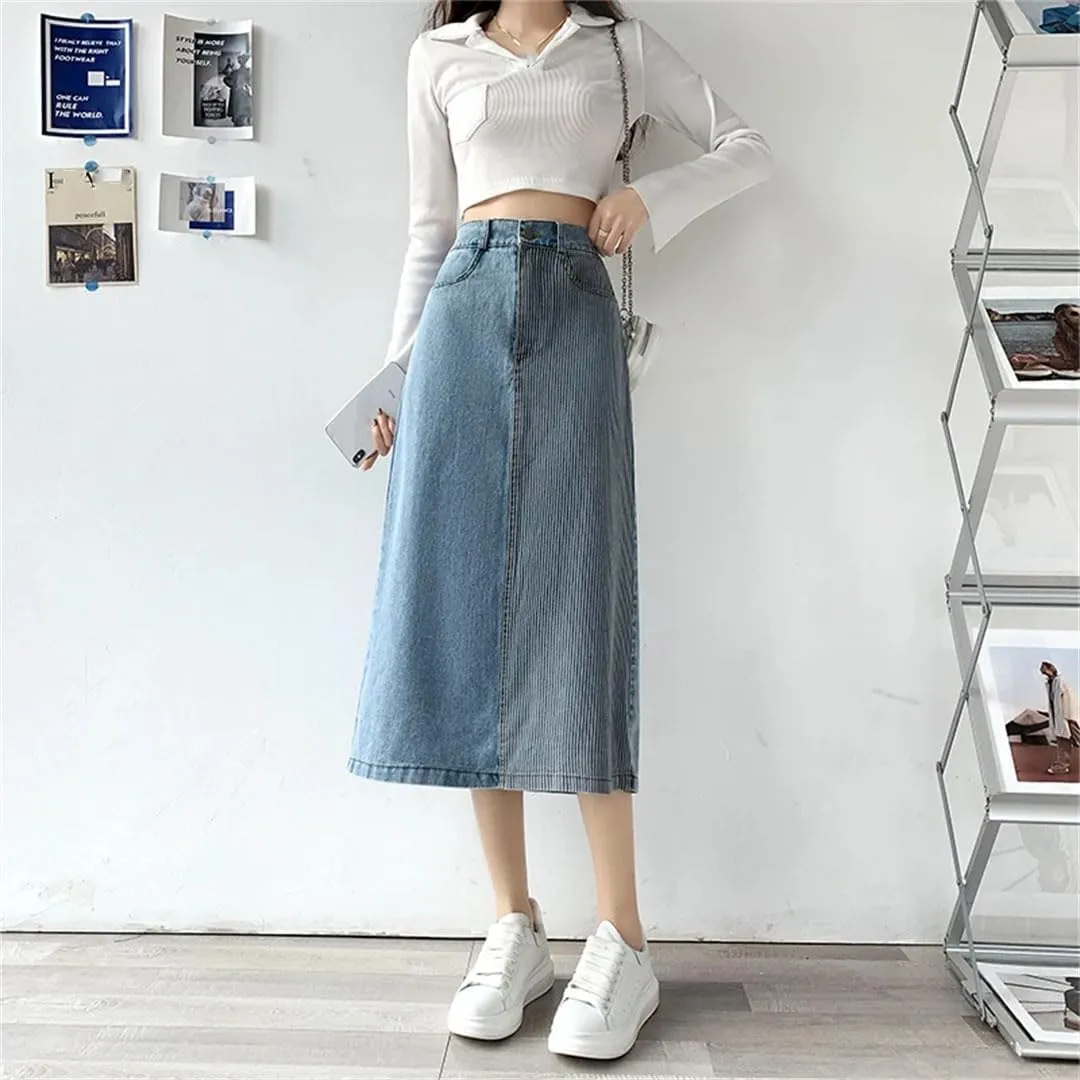 Women's Denim Skirts High Waist Patchwork Mid Length Skirts for