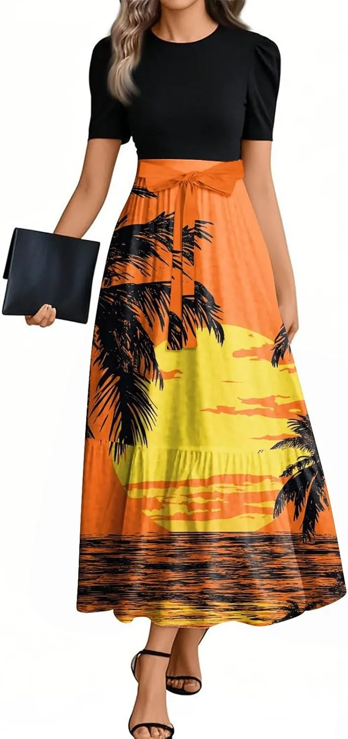 Womens Dress Summer Flowy Maxi Dress Highwaisted Short Sleeve Floral Dressed Casual Tea Party Dresses with Belt