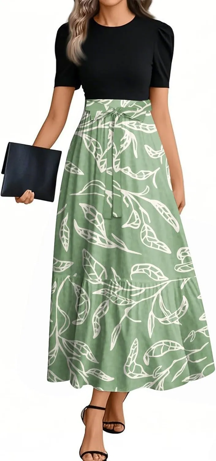 Womens Dress Summer Maxi Dresses Ruffle Hem Short Sleeve Dress Floral Vacation Wedding Guest Dresses with Belt