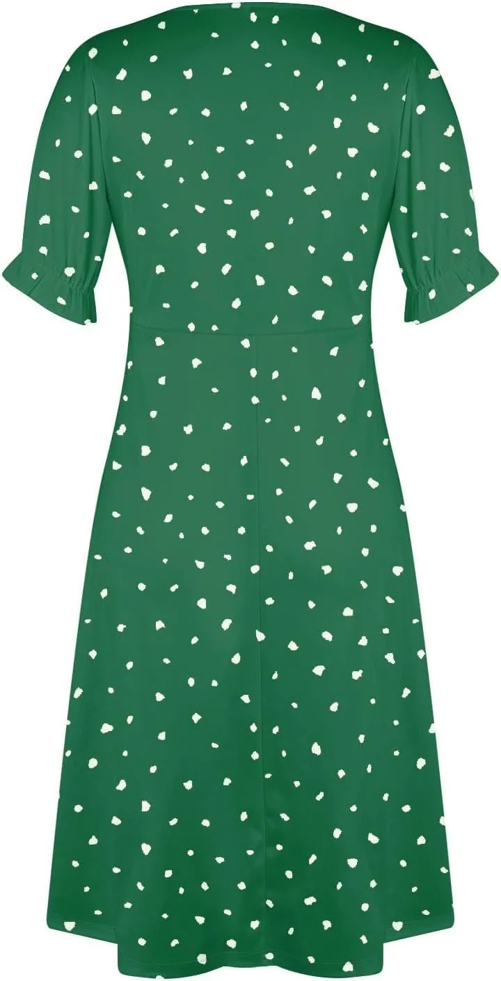 Women's Dresses Casual Summer V Neck Short Sleeve Polka Dot Floral Wrap Hem Midi Dress 2025 Woman Casual, S-3XL